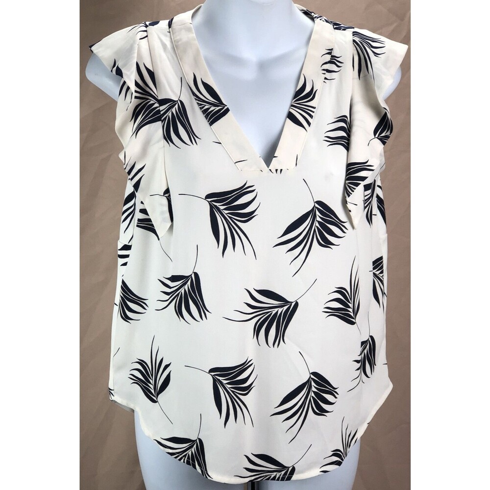 Ann Taylor top SP wht/blk Tropical V-neck Cap Ruffle sleeve Hi Lo Coconut Girl